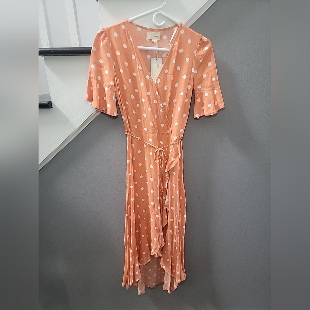 Melloday Dress Wrap Maxi Ruffle Cap Sleeve Tie Waist SZ XS Polka Dot Print NWT - Picture 2 of 5
